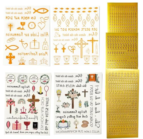 Taufkerze selber machen Set – 4 Bögen Kerzentattoos Wasserschiebefolie + 3 Bögen Buchstaben & Zahlen Aufkleber Gold, DIY Kerzenaufkleber selbst gestalten für Taufe Kommunion Konfirmation