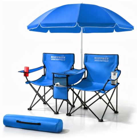 RMF PRO Set with Umbrella and 2 Outdoor Chairs ideal for Sea or Camping, with Central Cooler Bag and Cupholder - Ideal also for Fishing, Steel Structure with Carry Case Blue