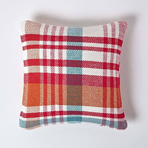 HOMESCAPES Red Tartan ‘Falun’ 100% Cotton Cushion Cover with Coordinating Matching Throws and Bedspreads, 60 x 60 cm