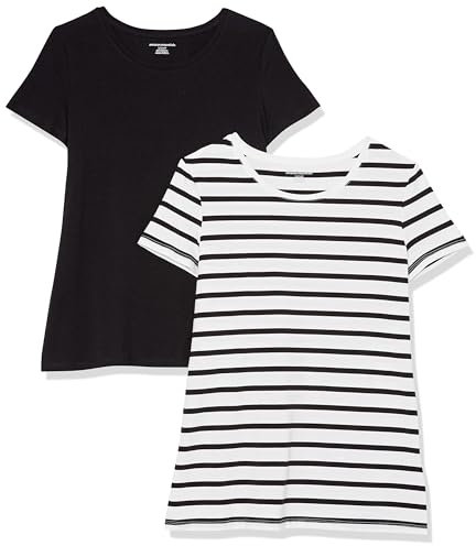 Amazon Essentials Women's Regular-Fit Short-Sleeve Crewneck T-Shirt, Pack of 2, Black/White Stripes, M