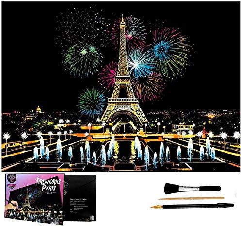 Scratch Art Rainbow Malpapier, Skizzenblock DIY Night View Scratchboard für Kinder & Erwachsene, Gravur Art & Craft Set, Scratch Painting, 16 '' x 11,2 '' mit 3 Werkzeugen (Pariser Feuerwerk)