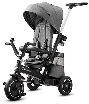 Kinderkraft Dreirad EASYTWIST, Kinderdreirad, Jogger, mit Zubehör, Dachfenster, Sicherheitsgurte, 360 Grad Drehbar, Freilaufrad, Schubstange, ab 9 Monate bis 5 Jahre, Bequemer Sitz, Grau