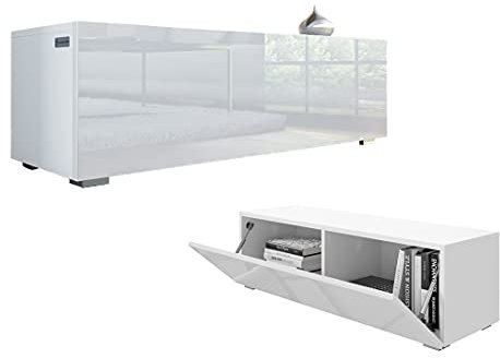 PLATAN ROOM TV Cabinet, TV Lowboard 105/140/160/210/280 in Oak, White, Hanging or Standing, High Gloss Matte (white matte/white high gloss, 105 x 30 x 32)