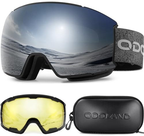 Odoland Skibrille Snowboardbrille für Damen und Herren mit 2 Magnetische Wechselglas und Hülle Anti-Fog UV-Schutz Helmkompatible für Jungen und Mädchen zum Snowboard Skifahren Dunkel Silber