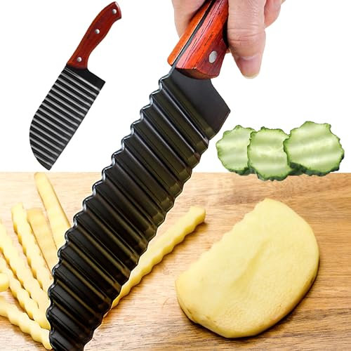 CINY Potato Crinkle Cutter Chip Cutter Stainless Steel Wave knife Potato Corrugated Knife French Fries Knife Embossing Knife Cut Chip Cutter for Vegetables Potatoes Onions(Wooden Handle Black)