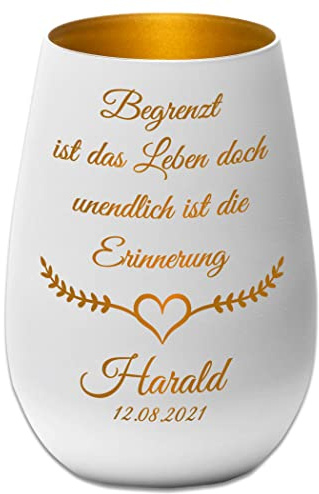 Trauerlicht/Windlicht/Personalisierte Gravur - Namen und Datum - Begrenzt ist das Leben - weiß/Gold - Gedenklicht Erinnerungslicht Grablicht Trauergeschenk