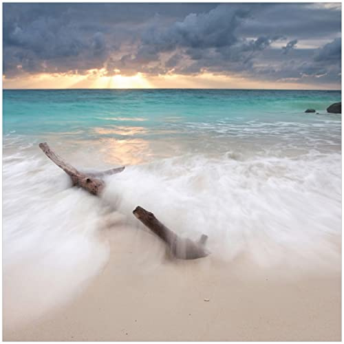 Wallario Glasbild Wellen am Strand bei Sonnenuntergang - 30 x 30 cm Wandbilder Glas in Premium-Qualität: Brillante Farben, freischwebende Optik