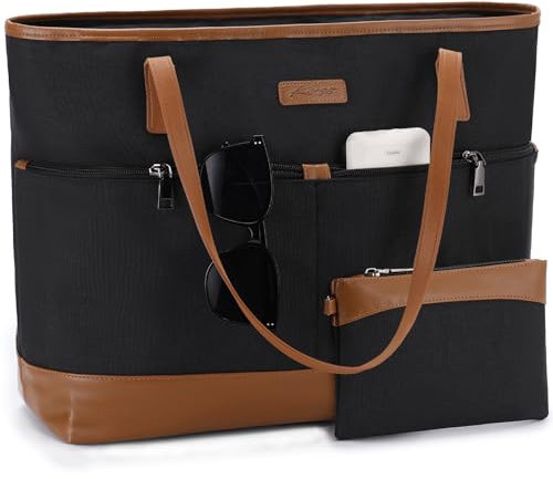Kasgo Handtasche Damen, Groß Shopper Tote Bag 15.6 zoll Notebooktasche Wasserabweisend Laptop Tasche Schultertasche Aktentasche für Arbeit Reise Lehrer mit Gepäckmanschette Schwarz und Braun
