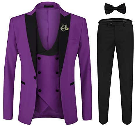 YOUTHUP Abito da Smoking da Uomo in 3 Pezzi con Revers a Lancia a 1 Bottone (Gilet e Pantaloni Blazer) Viola, 3XL