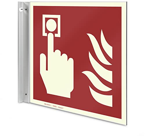 Betriebsausstattung24 Brandmelder Fahnenschild - Aluverbundplatte, langnachleuchtend - 20,0 x 21,50 cm - Zur Wandbefestigung