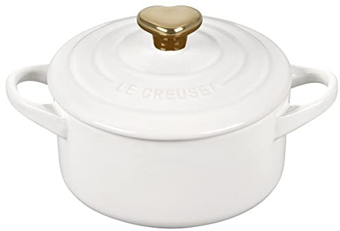 Le Creuset Figural Hearts Collection Mini-Kokotte, rund, Steingut, 237 ml, Weiß mit goldfarbenem Herzknauf
