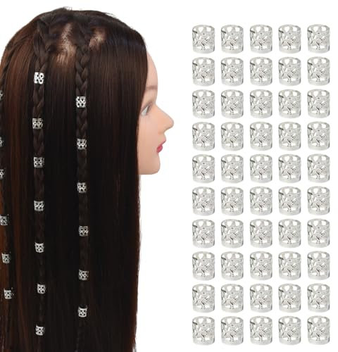 50 Stück Dreadlocks Verstellbar Metall Cuffs Aluminium Haar Geflecht Ringe Haarstricken Zubehör (Silber)