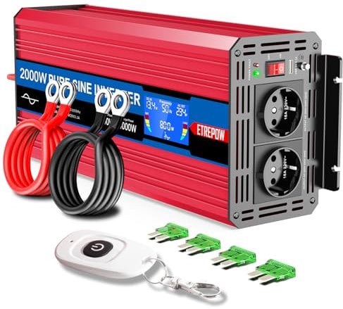 ETREPOW 2000w Spannungswandler 12v Auf 230v Reiner Sinus Wechselrichter mit 2 EU-Steckdose und Einer USB,Drahtlose Fernsteuerung,LCD Bildschirm -Spitzenleistung 6000w Kfz Konverter