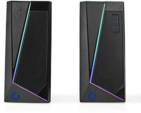 Nedis Gaming Speakers, 18W, USB Powered with 6 RGB Light Modes, Touch Light Control, 2.0 Stereo Sound, 3.5mm Jack, Front Volume Dial, Compact PC Speaker Setup for Immersive Desktop Gaming – Black