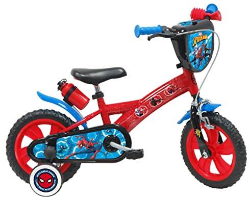Atlas 12', Bicicletta Spiderman Dotata di 1 Freno, Piastra Anteriore Decorativa, parafanghi, Carter e stabilizzatori. Ragazzo, Rosso