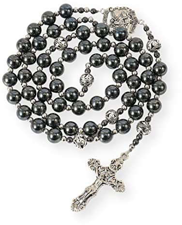 Nazareth Store Hämatit Rosenkranz schwarze Steinperlen Halskette Metallperlen St. Michael-Schutzmedaille und Kreuz-Rosenkranz für Männer und Frauen