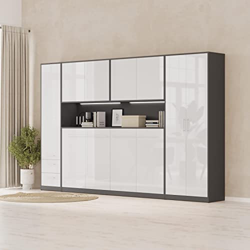 SMARTBett Wohnwand Schlafzimmer Jugendzimmer Gästezimmer Set mit Schrankbett 90x200 + 4 Schränke Anthrazit/Weiss Hochglanz