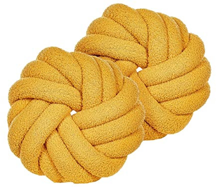 Beliani Set aus 2 Knotenkissen modern Gelb Bouclé Plüsch Geflecht 31 x 31 cm Akola