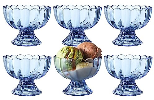 KMwares 6PCs Set 5oz Small Cute Footed Tulip Glass Dessert Bowls/Cups - Perfect for Dessert, Sundae, Ice Cream, Fruit, Salad, Snack, Cocktail, Condiment, Trifle and Christmas Holiday Party (Blue)