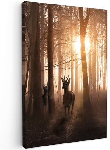 MuchoWow© Impression sur Toile Photo Peinture 80x120 cm Tableau Decoration Murale Chambre Salon Maison Deco Cuisine Forêt - Cerf - Soleil - Arbres - Hiver - Nature - Animaux