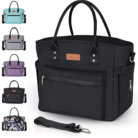 Insulated Thermal Cool Bag with Shoulder Strap, Leakproof Large Lunch Box for Women, Men, Adults - Reusable Packed Lunch Bag for Office, Picnic, Camping, School, Beach (Black)