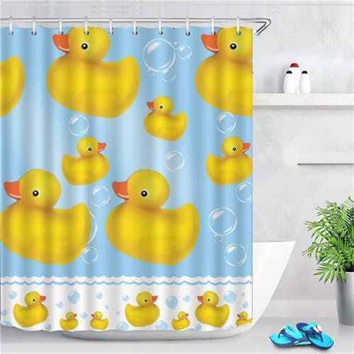 Duschvorhang Niedliche Ente 150x180cm, Gewichteter Saum, Schnell Trocknend Polyestergewebe Badezimmerzubehör, Waschbar Bad Vorhang Bohemien Shower Curtain mit Haken, für Badewanne/Dusche W-548
