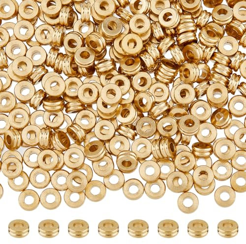 DICOSMETIC 300 Stück Flache Runde Abstandsperlen 16 Karat Vergoldet Ringperlen 5mm Messing Vielseitige Gerillte Säulenperlen Großes Loch Lose Für Herstellung DIY Halsketten, Bohrung: 2mm