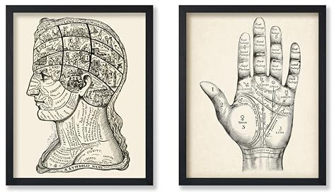 Poster Master 2-teiliges Vintage-Phrenologie & Palmistry Poster – Retro-Symbolischer Kopfdruck – Palm-Lesetabelle, Kunst – Geschenk für Männer, Frauen – Gothic-Dekor für Büro, Wohnzimmer – 20,3 x 25,4