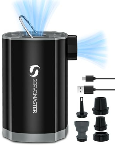 SERVOMASTER Inflador Electrico-2 en 1 Bomba de Aire Eléctrica 4000mAh Batería Recargable, 5 Boquillas con luz LED, Hinchador Inflador Electrico Portátil para Colchones, Piscinas, Juguetes Hinchable