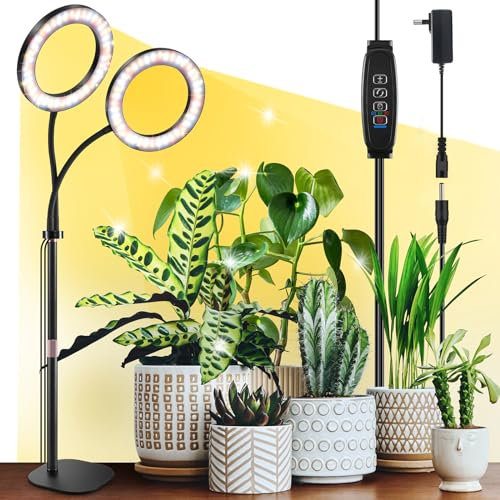 Lámpara de cultivo de espectro completo, 2 cabezas 360° flexible con brazo ajustable, altura ajustable de 30 a 63 cm, luces para plantas con timers automático de 3/9/12H, perfecta para plantas