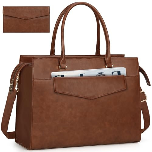 RAINSMORE Sac Cabas Femmes Sac à Main Grande Capacité PU Cuir Sac Ordinateur 15.6 Pouces Imperméable Sac de Cours Lycee Sac Bandoulieres Epaule pour Affaires Travail Vintage Marron