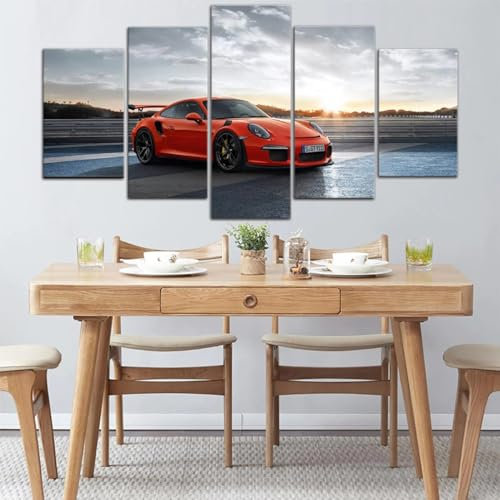 ZYCHKRL Moderne Bilder Wohnzimmer 5 Teiliger Porsch GT3 RS Luxus-Sportwagen Poster Mit Rahmen Hd Für Heimdekoration Personalisierte Bilder Leinwandbilder Xxl
