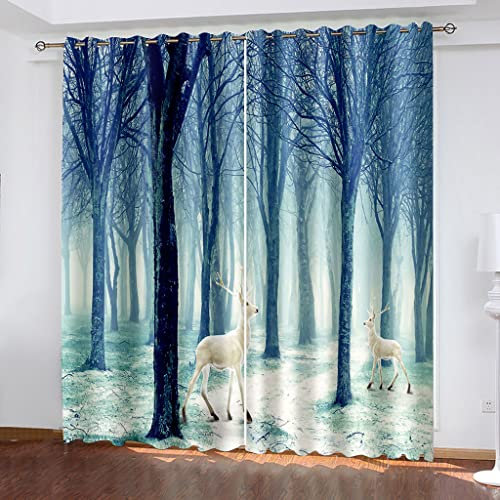 Vorhang Blickdicht Ösenschal Verdunkelungsvorhang 3D Digitaldruck Weißer Elch Im Wald Gardinen Kinderzimmer Wohnzimmer Thermovorhang Ösenvorhänge 2Er Set - 200X200Cm (Bxh)