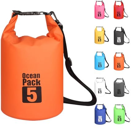 MORAINJAY 5L Wasserdichter Beutel, Orange Dry Bag 2L/5L/10L/15L/20L/25L/30L mit Verstellbarem Gurt, Schützt Telefon/Karte, Roll Top Wasserdichter Beutel Rucksack für Schwimmen/Rafting/Bootfahren