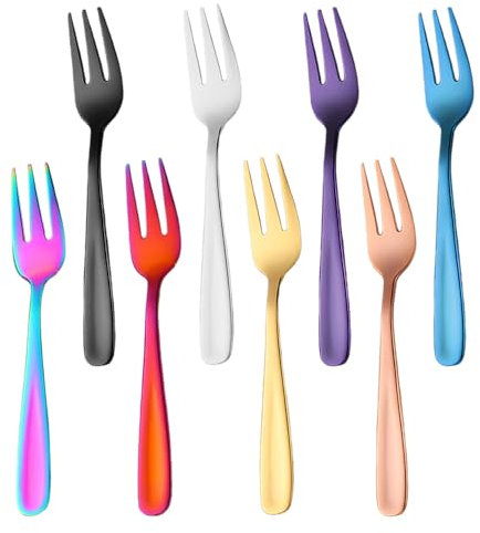 Lot de 8 Fourchettes à Fruits Trois Dents en Acier Inoxydable - Dessert et Gâteau - Multicolore - Mini Fourchettes de Fête (13,7 x 2 cm)