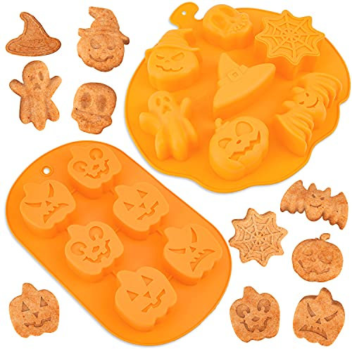 Moules en Silicone d'Halloween, 2 Pièces Moules à Chocolat d'Halloween, Citrouille, Crâne,Chapeau de Sorcière, Moule à Motif Fantôme, Adaptés au Pudding à la gelée de Bonbons, Gâteau au Muffin