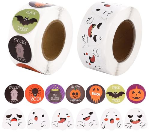2 Rotoli di Adesivi di Halloween per Bambini, 18 Stili di Adesivi Rotondi di Halloween Adesivi di Zucca Pipistrello Ragno Fantasma per Decorazioni per Feste di Halloween e Album di Ritagli
