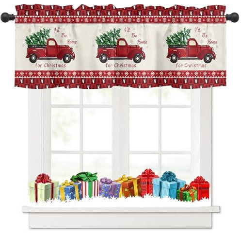 Tokusyou Weihnachten Scheibengardine Gardinen Deko Weihnachtsgardine Rot Vorhang Der Weihnachtsbaum Lastkraftwagen Hirsch Muster Blickdicht Bistrogardinen für Küche Fenster B 137 × H 45 cm
