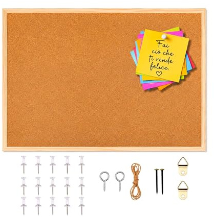 Pinnwand aus Kork, 40 x 30 cm, Rahmen aus Holz, selbstheilender Kork, ideal für Büro, Zuhause, Schule + 15 Reißzwecken + 2 Nägel + Montagezubehör.