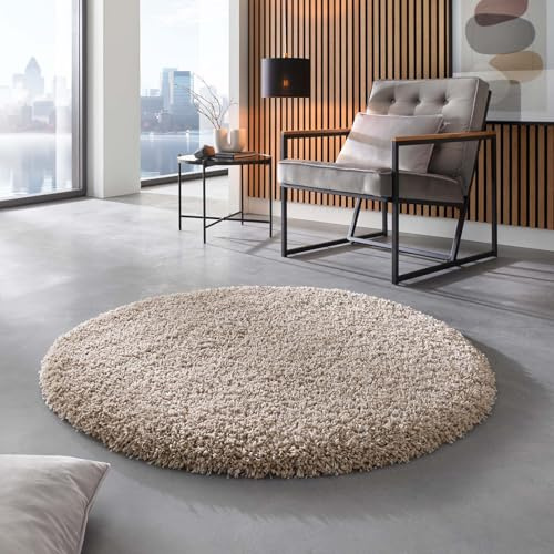Taracarpet Shaggy Hochflor Langflor Teppich Twilight Luxus Qualität aus Belgien geeignet fürs Wohnzimmer Schlafzimmer und Kinderzimmer 6611 beige 200x200 cm rund