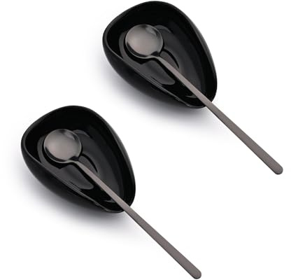 Koythin Ceramic 2-Piece Spoon Rest Set, Coffee Spoon Holder with Teaspoon, Minimalism Kitchen Decor for Stirrer, Mini Coffee Bar Accessories with Black Spoons for Afternoon Tea (Black)