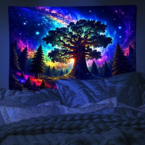 WIERAEM Schwarzlicht Wandteppich Wald Uv Psychedelic Wandtuch Natur Baum Sterne Galaxy Trippy WandtüCher SchöNe Bunt Fluoreszierende Tapestry Deko Mittelgroß 200x150cm