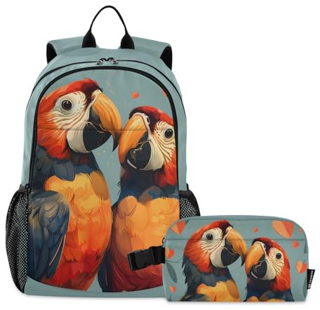 OWFKAY Kinder-Rucksack mit Papageien, Vögeln, Blumen, Jungen, Mädchen, Schulrucksack mit Lunchtasche, Büchertaschen-Set, mehrfarbig, Einheitsgröße