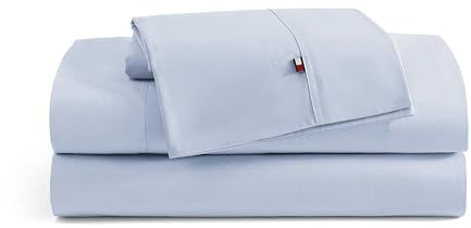 Tommy Hilfiger - Sheet Set, Cotton Percale Bedding with Matching Pillowcase, Crisp & Cool, Solid Home Essentials (Blue, Twin)