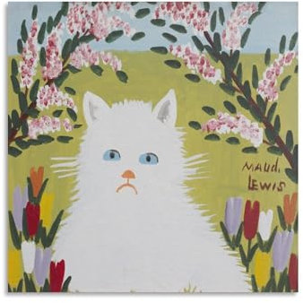 Maud Lewis Poster Weiße Katze von Maud Lewis, coole Kunstwerke, Gemälde, Wandkunst, Leinwanddrucke, hängende Bilder, Poster, 50 x 50 cm