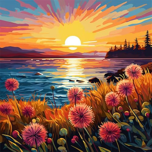 Sonnenuntergang am Meer Blumen Malen Nach Zahlen Erwachsene,DIY mit Rahmen Handgemalt Ölgemälde Kits für Anfänger,Acryl Malen nach Zahlen Kits auf Leinwand mit Pinseln für Heimdekoration 30x30cm