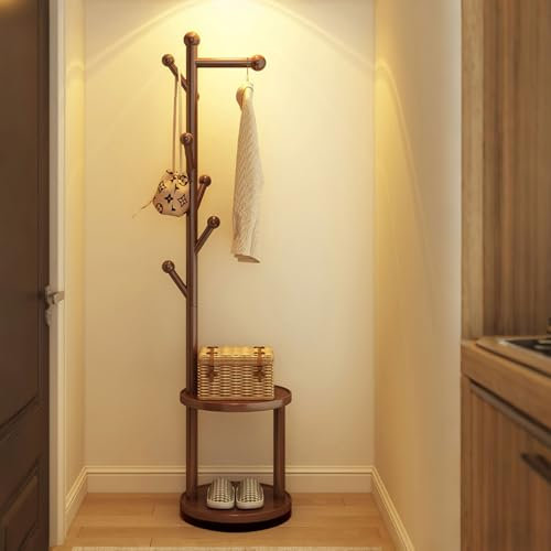 Portemanteau sur Pieds Portant Rotatif avec 2 Étagères et 7 Crochets Hauteur 187CM Portant à Vêtements en Bois Massif Support sur Pieds en Forme d'Arbre pour Entrée, Couloir ou Chambre, jusqu'à 100KG