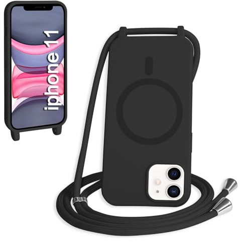 FMPCUON Magnetisch Handykette für iPhone 11 Hülle,Necklace Hülle mit Bands Handyhülle für zum Umhängen Kordel,kompatibel mit Magsafe Silikon Case mit Handykordel,Schwarz