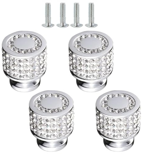 TOP-MAX 4 Stück Kristall Möbelknöpfe, Strasssteine Glitzersteine Schrankknöpfe mit Schrauben, Möbelgriffe Türgriffe für Schränke, Schubladen (Silber, Rund)