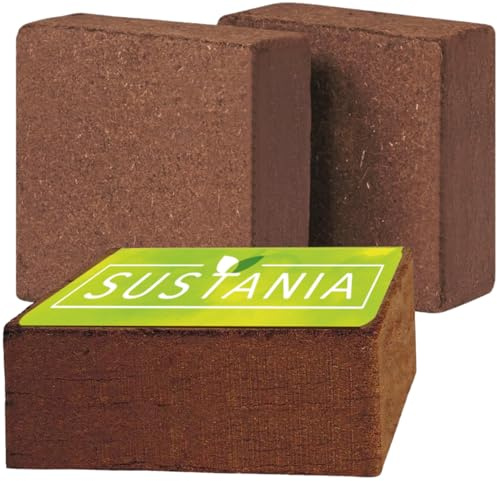 SUSTANIA Kokoserde 3er Set - 3 * 650g - Gepresste Kokosfaser Blöcke aus 100% natürlichen Kokosnussschalen für Garten, Anzucht und Topfpflanzen - Nachhaltige Pflanzenerde Alternative